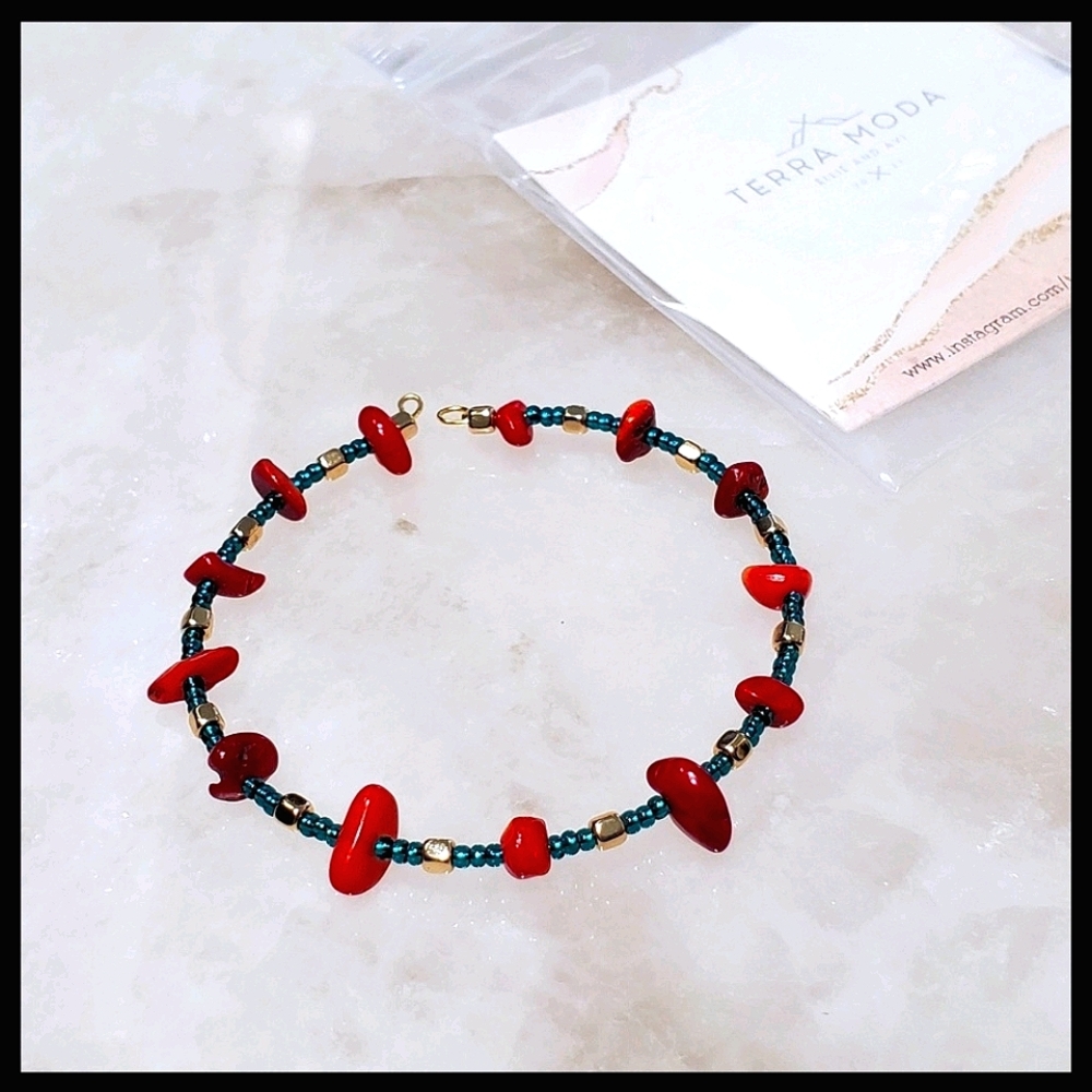 Red Coral Gemstone Bangle w/ Teal and Gold